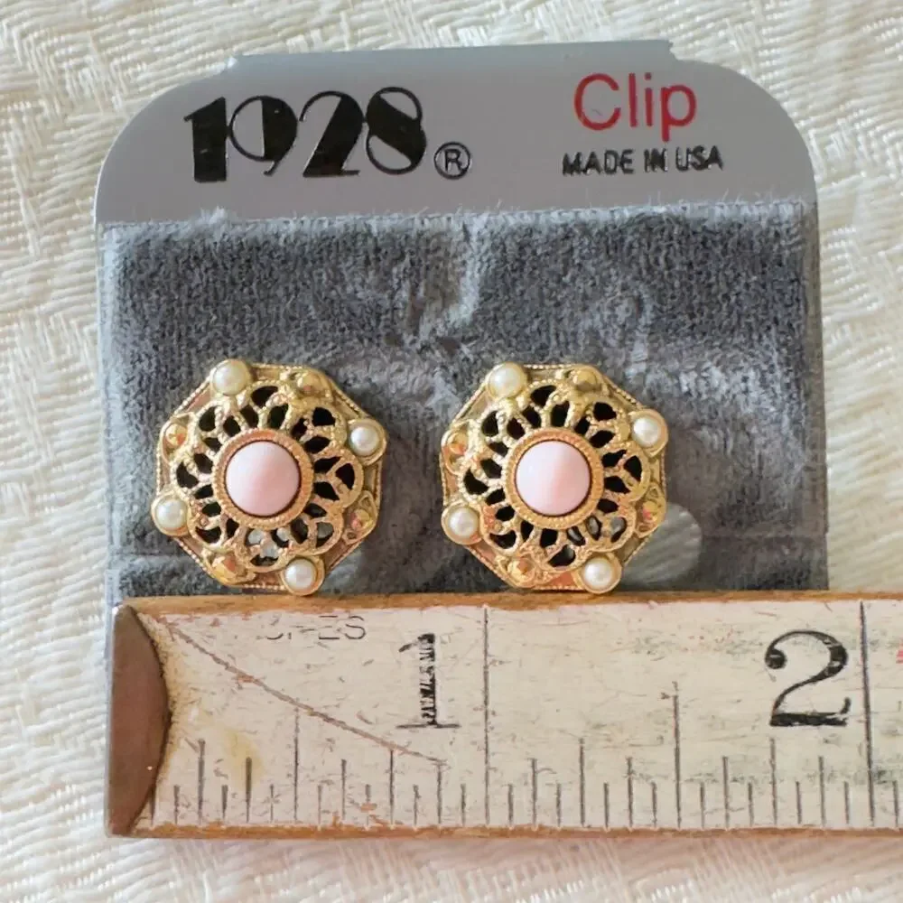 Vintage 1928 Edwardian Style Clip On Earrings Pink Cabochon Brushed Gold NWT